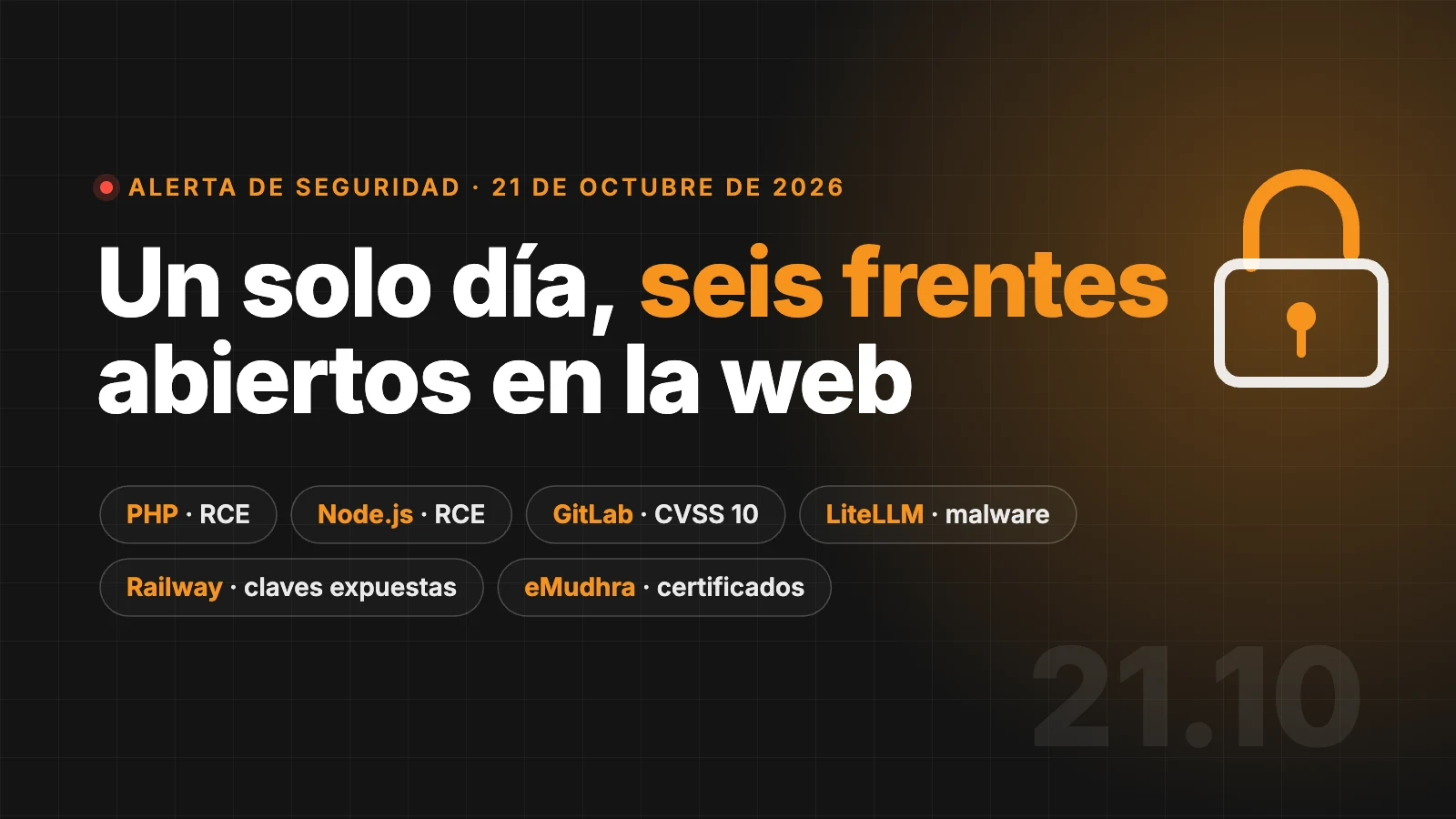 Alerta de seguridad del 21 de octubre de 2026: fallos en PHP, Node.js, GitLab, LiteLLM, Railway y eMudhra
